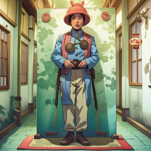 an animated image of a person in front of a doorway,postman,pilgrim,stationmaster,pioneer,postman butterfly,farmer