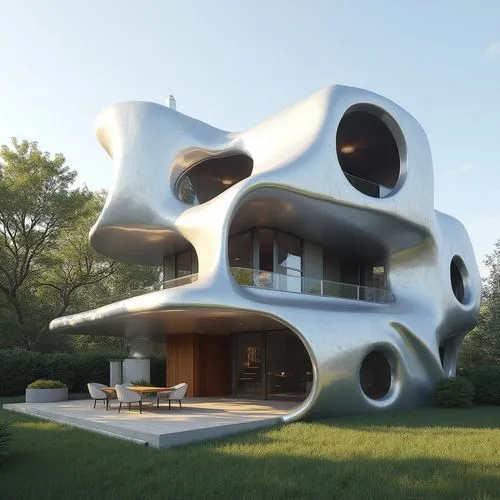  ,a house in the grass with curves at the front,cubic house,futuristic architecture,cube house,modern architecture,cube stilt houses,3d rendering