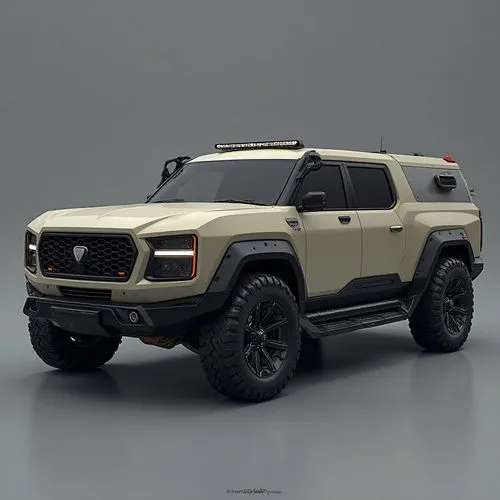 A high-performance electric pickup truck with a futuristic industrial aesthetic. Its exoskeleton is made of brushed titanium, with retractable storage compartments and tools. The truck is illuminated 