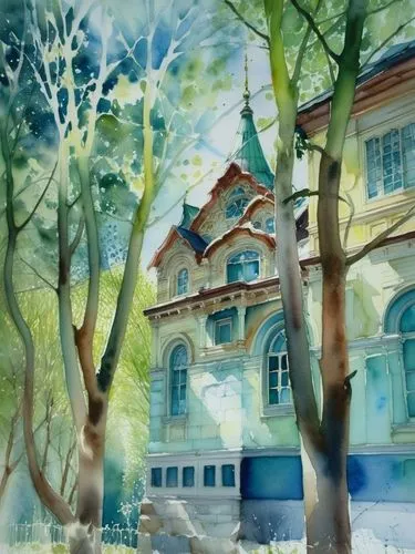 Особняк в неорусском стиле, весна, солнце в контражуре,a painting of a tree filled street and a large house,watercolor shops,watercolor tea shop,watercolor cafe,watercolor,watercolor background,waterc