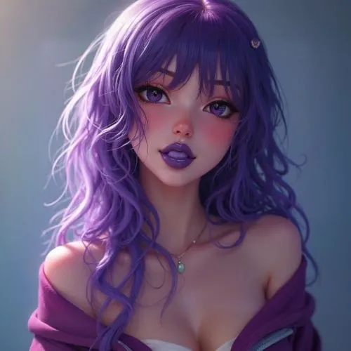 a UHD full body image of a beautiful realistic  woman with anime features. aphrodite herself is jealous of. She has vibrant purple hair,  purple eyes, purple lipstick. makeup, light almond skin, multi