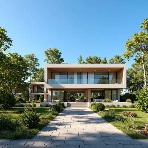 A photo-realistic rendering of a modern, minimalist house with a contemporary design. the house is a two-story building with a rectangular shape and a flat roof, featuring large glass windows that all