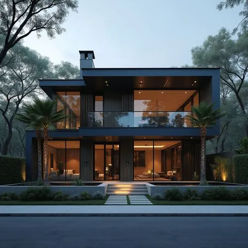 A hyper-realistic, high-resolution architectural photograph of a multi-level, contemporary luxury residence featuring a sleek, geometric design. The exterior is composed of smooth, matte charcoal-gray