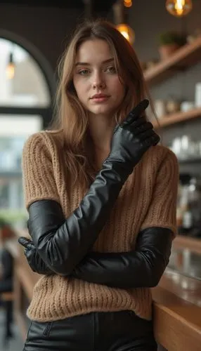 A young woman captured in a candid moment, wearing extra-long leather gloves that extend prominently up her arms, fully visible as they elegantly contrast with her simple, cozy sweater. She also wears