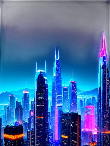 High-definition, futuristic cityscape, neon lights, towering skyscrapers, bustling streets, distant mountains, misty atmosphere, 4K resolution, cinematic composition, low-angle shot, vibrant colors, s