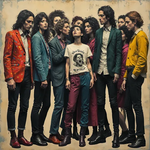 the image of seven people is featured as a group,bohemians,the rolling stones,seventies,cults,mannequins,tailors,contemporaries,troubadours,surrealists,pacesetters,monkeys band,porcelain dolls,eccentr