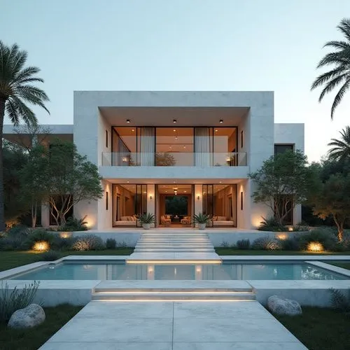 A hyper-realistic, high-resolution architectural photograph capturing a grand, ultra-modern luxury mansion at twilight. The building’s façade is composed of smooth white stone panels contrasted with s