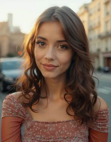 a photograph of a beautiful caucasian young woman aged 22, with long brown hair borwhn eyes red ;ips, wearing a long floral paterns dress whit a neckline . she stands confidently in front of a street