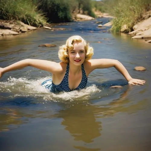 una bella mujer rubia de 30 años nada alegremente a espalda en un rio solitario y profundo de Sudáfrica  en 1931,the blonde in the river,marilyn monroe,marylin monroe,lartigue,washerwoman,eva saint ma