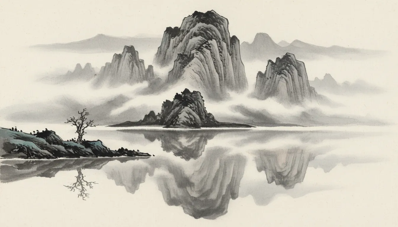 Pittura a inchiostro generata dall'IA di montagne nebbiose che si riflettono in un lago calmo, creata in uno stile Sumi-e minimalista.