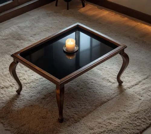 A vintage wooden coffee table with a black smoked glass top, surrounded by soft, warm lighting, nestled in a cozy reading nook under a large, detailed arched window, with a subtle dusting of textured 