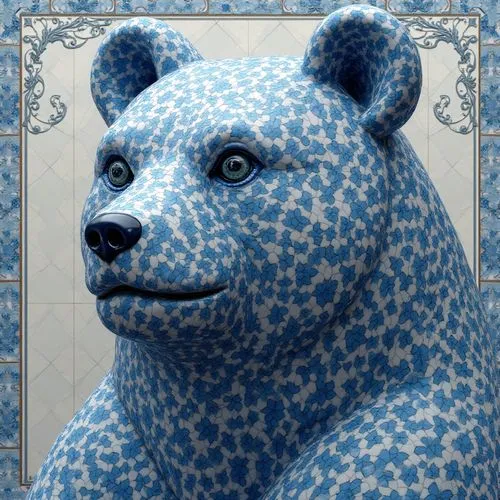 hyperrealistic bear Caldas da Rainha Azulejo Manufacture - Azulejo Art Deco,   by Luis Duarte,   Luis Duarte style,   Full body,   Element Earth,   blue and white shading,   Caldas da Rainha style,   