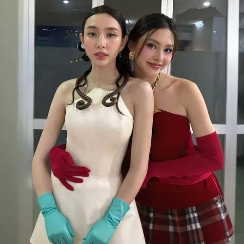 two women with gloves stand near each other,maidservants,stewardesses,milkmaids,handmaidens,latex gloves,handmaids,housemaids,housekeepers,porcelain dolls,mannequins,priestesses,beauticians,stepsister