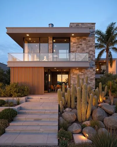 A tropical-modern house with stone and wood cladding. The exterior features desert landscaping with tall cacti and boulders. Warm lighting accentuates the facade's textures, while a staircase leads to