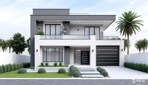 车库门,a white and gray house that is on the street,modern house,3d rendering,residencial,sketchup,residential house,render