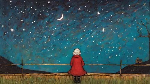 girl watching the starry sky,falling stars,stargazing,falling star,starry night,fantasia,the moon and the stars,astronomer,the stars,red coat,the night sky,cosmos field,wanderer,to be alone,the wander