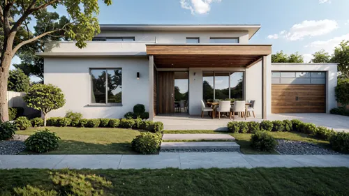 a modern looking house with green shrubs in the front yard,modern house,render,exterior decoration,landscaped,garden elevation,house shape,stucco frame,renders,residential house,folding roof,beautiful