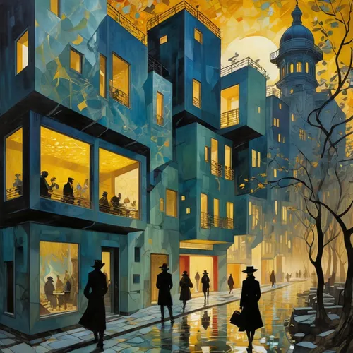 night scene,city scape,evening city,cityscape,winter night,street scene,in the evening,evening atmosphere,martin fisher,oil painting on canvas,colorful city,world digital painting,golden rain,glass pa