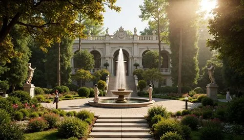 Ornate fountain, grand staircase, lush greenery, vibrant flowers, manicured lawns, symmetrical gardens, ornamental statues, intricate stone carvings, majestic trees, dramatic lighting, warm golden hue