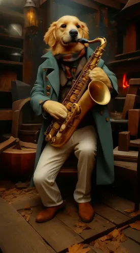 dog dressed up as a man playing a saxophone,jazzier,saxophone playing man,sax,jazz,saxophonist,musician