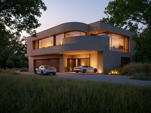 Photorealistic architectural visualization of a luxurious, contemporary off-grid 4-STOREY villa during the cinematic golden Hour. L-shaped residential building. The residence features sweeping, curved