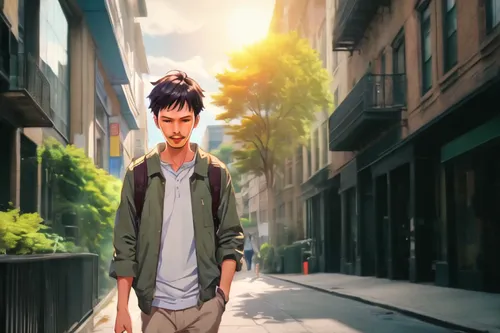 anime cartoon,anime japanese clothing,2d,anime boy,anime 3d,noodle image,a pedestrian,walking man,sakana,pedestrian,anime,world digital painting,background images,main character,gobelin,digital compos