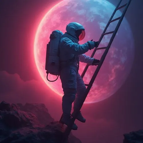An astronaut put on a suit and climbs up a long ladder hanging from a planet ,man climbing up and reaching for the moon,moon walk,astronaut,violinist violinist of the moon,astronomer,hanging moon,luna