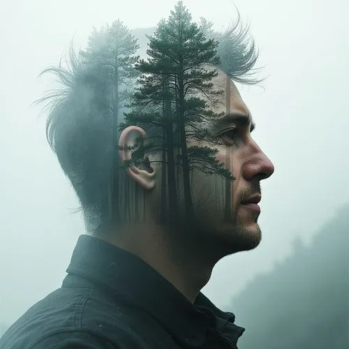 A man's face, double exposure showing the forest, forest,the head and face of a man with an image of trees,lindemann,lubezki,mehldau,danielewski,jonsi,cerati