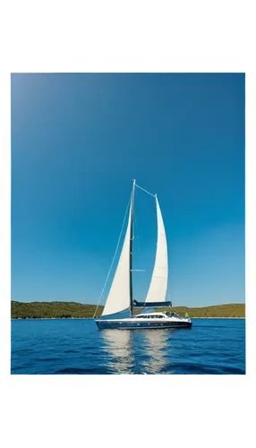 Luxury yacht, white sail, blue hull, golden trim, sleek design, reflecting sun, rippling water, distant island, clear sky, 3/4 composition, shallow depth of field, warm color tone, cinematic lighting,