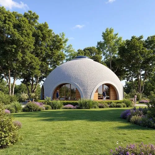 1. Forma general del domo:

Estructura semi ovalada con textura entrelazada en patrón de trenzado, hecha de concreto tipo concreto impreso en 3D. 100 mts2. máx. 10 metros de altura

El entorno es un p