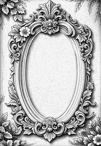 an old fashioned frame is surrounded by flowers and leaves,decorative frame,mirror frame,floral silhouette frame,floral frame,circle shape frame,art nouveau frame,Design Sketch,Design Sketch,Detailed 