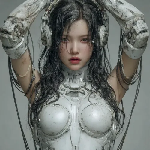 The girl lowers her hands and then presses the button on her chest. The mechanical armor on her body begins to retract, much like Iron Man’s suit, revealing a mechanical sexy lingerie underneath.The c