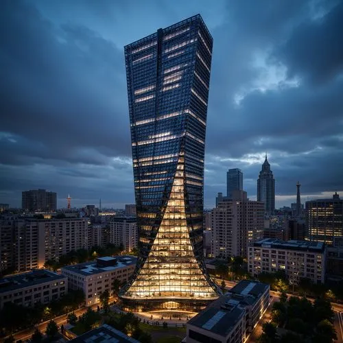 Futuristic skyscraper, cantilevered floors, curved glass fa\u00e7ades, parametric design, algorithmic patterns, metallic latticework, LED lighting installations, kinetic architecture, adaptive structu