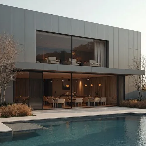 a photo of a restaurante seen from the exterior of and minimalistic Building covered with matte metals. in front of the Windows of the restaurant there Is a pool, dry plant on the sides, smooth light 