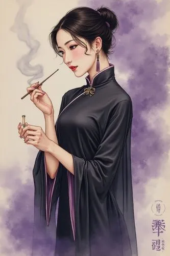 一位穿著黑色絲質旗袍的東方女子，
表情冷靜優雅，盤髮髮型，戴著流蘇耳環，手持一支冒著煙霧的香，背景為紫色煙霧與渦卷紋樣，畫面氛圍靜謐神秘，使用細膩鉛筆畫風與柔和水彩質感，日系復古美學，構圖居中，直式2:3構圖，低飽和柔色，精緻插畫,the young oriental woman in a black kimono smoking,smoking girl,geisha,geisha girl,p