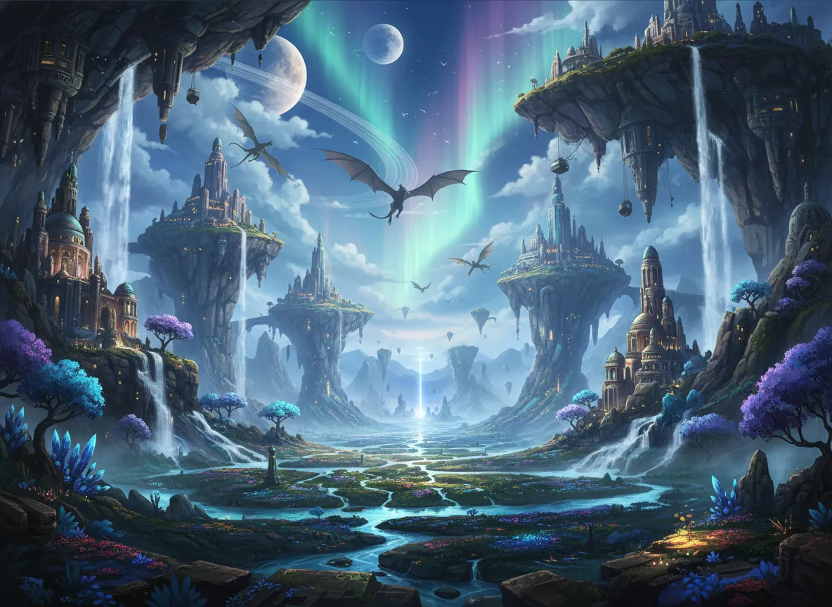 Eine weitläufige, KI-generierte Landschaft einer Fantasiewelt mit komplexen Details, erstellt aus einem Textbefehl und geeignet als Hintergrund für eine virtuelle Produktion.
