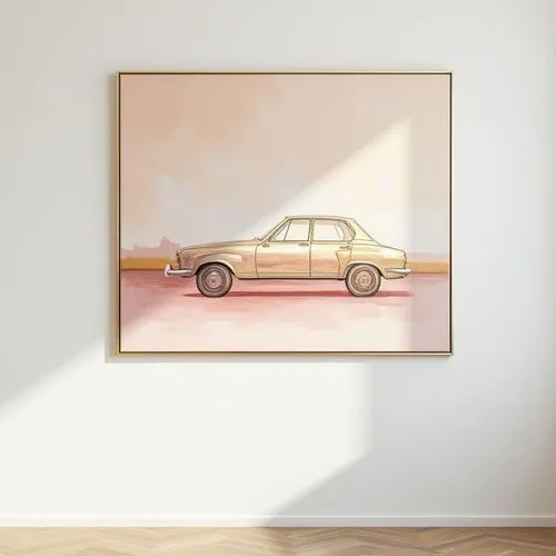 delicate elegant painting on white wall,pastel colors and gold and pink, simple slim gold frame, frontview, vertical,lineart,abstract cars
,an art piece of a car hangs up on the wall,copper frame,illu