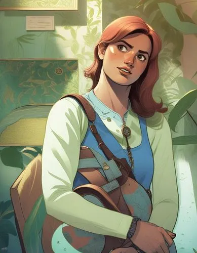 a girl standing in a bathroom with her arm behind her chest,kvothe,arrietty,connie,meg,ginny,annabeth,innkeeper,zarina,background ivy,eilonwy,etain,aveline,katara,holtzman,maeve,elinor,belle,eponine,t