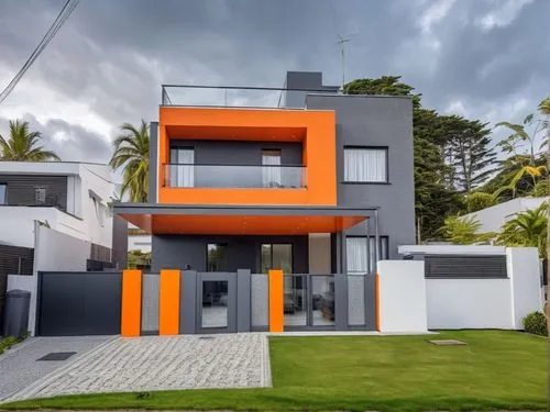 change the colour of this house in  orange and dark grey and white combination,modern house,cubic house,modern architecture,cube house,cube stilt houses,smart house,exterior decoration,residential hou