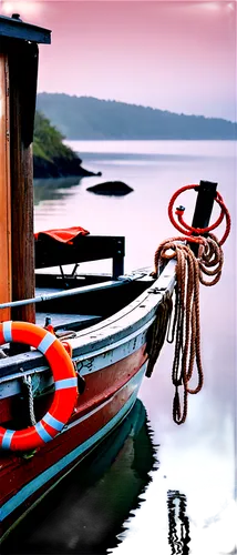 Fishing boat, sea, morning mist, wooden hull, rusty anchor, weathered sail, salty seaweed-covered ropes, worn lifebuoy, captain's hat, binoculars, navigation instruments, old wooden cabin, peeling pai