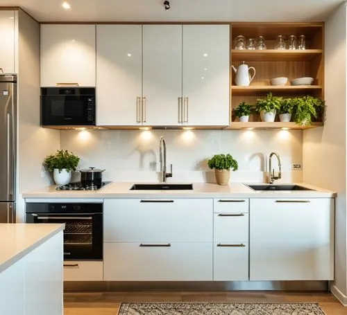 A modern and stylish kitchen featuring a warm combination of cream MDF and wood, creating a cozy and inviting atmosphere. On the right side, there is a double-bowl sink along with a built-in cooktop, 