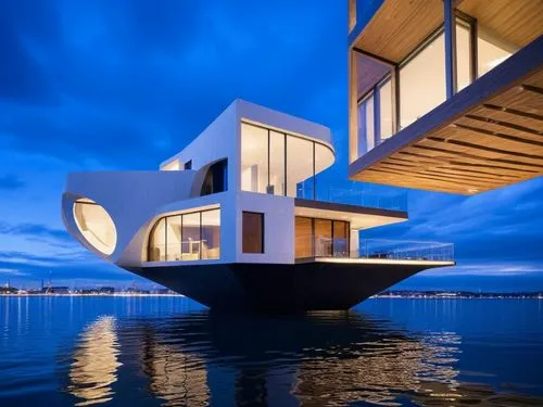 Floating Architecture,the ocean house is built in the shape of a boat,houseboat,cube stilt houses,house by the water,floating huts,cubic house,modern architecture