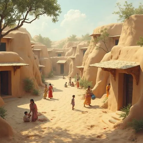 
*“Charles Correa’s housing clusters reimagined as flowing sand dunes — soft earth-toned structures with organic curves, shaded alleyways winding through the settlement, Indian children playing barefo