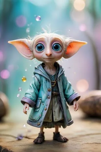 shabby chic dreamy mist pastel junk journals 
whimsical cute quirky harry potter style Dobby with big eyes in odd clothings, tamara laporte style, 
swirling magical fairytale abstract art style,a toy 