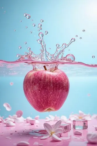 10h A Splash of Sweetness. A rosy pink apple plunges into crystal-clear water, sending a cascade of cool droplets flying into the air. Ice cubes bob around as the apple sinks gently, the splash catchi