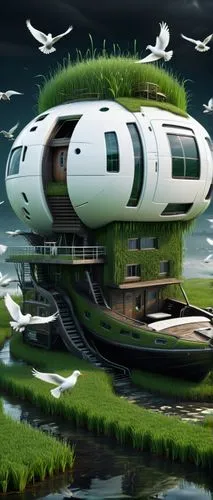Grass house in the grass feild. A boat floating in the stream. Water mill. White birds are flying. ,futuristic landscape,houseboat,floating island,eco hotel,futuristic architecture,floating islands,fu