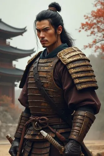 Traditional samurai armor. Samurai traditional warrior. Helmet. In a japanese castle. Edo dinasty. Photo. Hyper-realistic image. Perfect. Japan paysage. Akira Kurosawa movie scene. Shogun.,a man dress