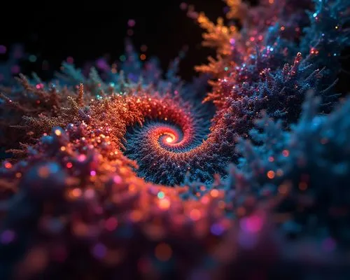 Abstract colorful fractal transformation on black background. Abstract colorful fractal transformation on black. Iridescent energy flows, vibes moving, rotating, making lozenge shapes. Luminous backgr