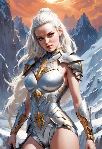 A dramatic, high-fashion portrait of a powerful female warrior,  set against a breathtaking, icy  white and blue  mountainous desert landscape, with hints of redshift and jagged edges, evoking a sense
