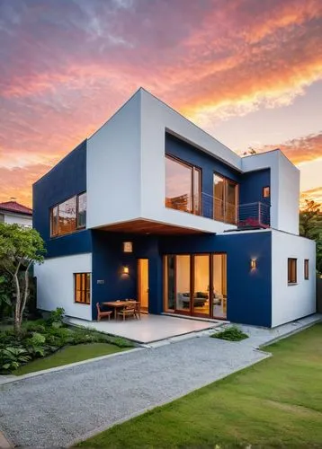 As the sun sets over a quiet suburban street, a magnificent house, its walls a deep red, sits proudly in the corner. To the left, a spacious, spacious cabin with a wooden roof and a small garden setti